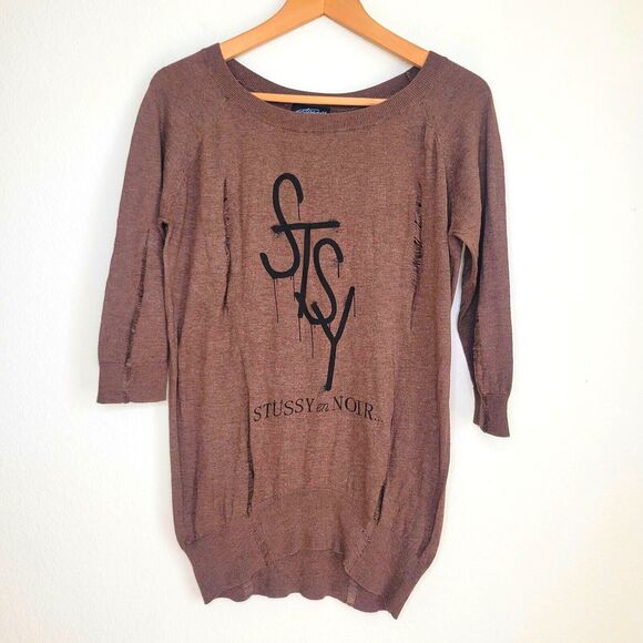Stussy En Noir Knitwear Destroyed Sweater top Size Small Distressed Brown Grunge - Picture 3 of 16